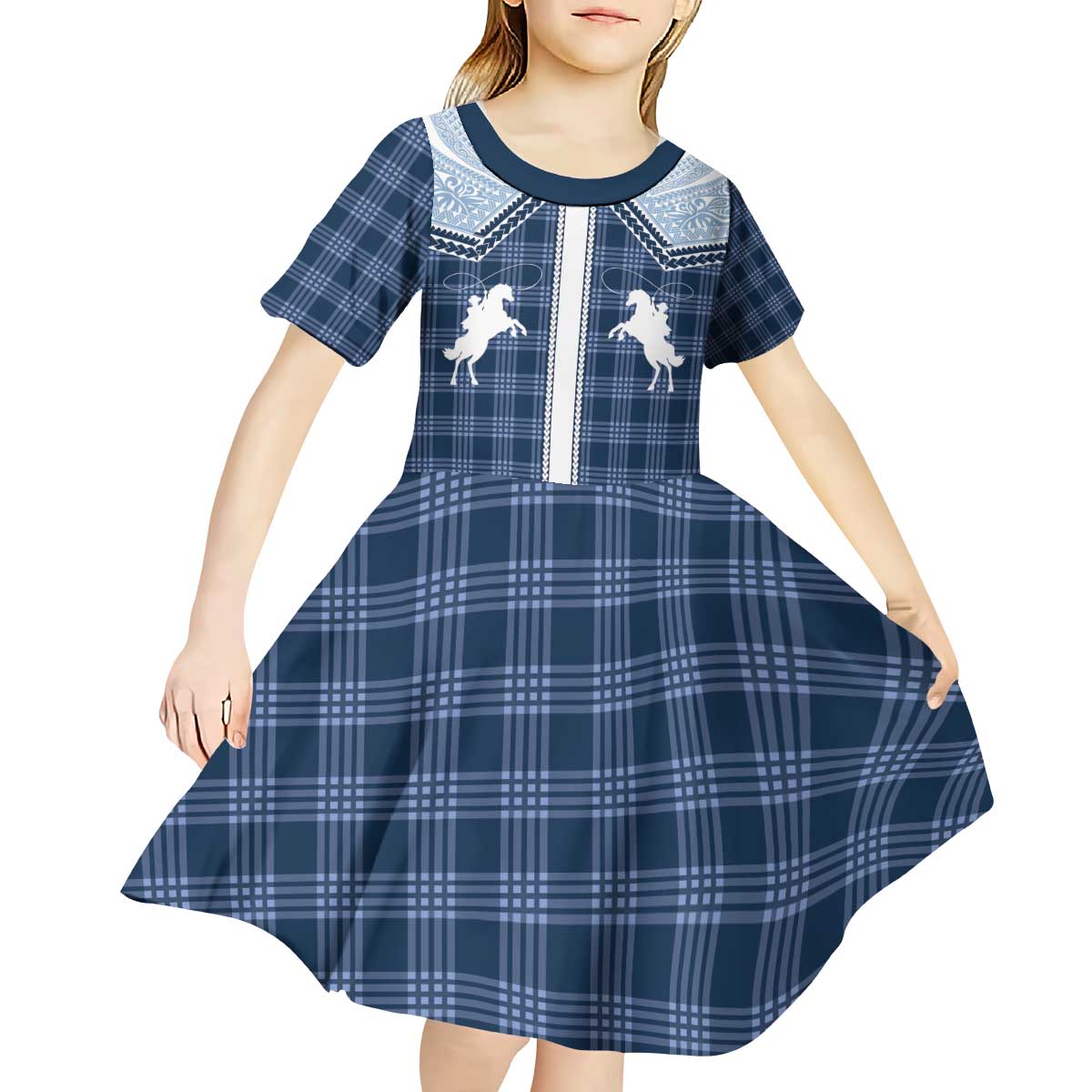 Aloha Hawaii Cowboys Paniolo Kid Short Sleeve Dress Navy Blue Palaka - Polynesian Pride