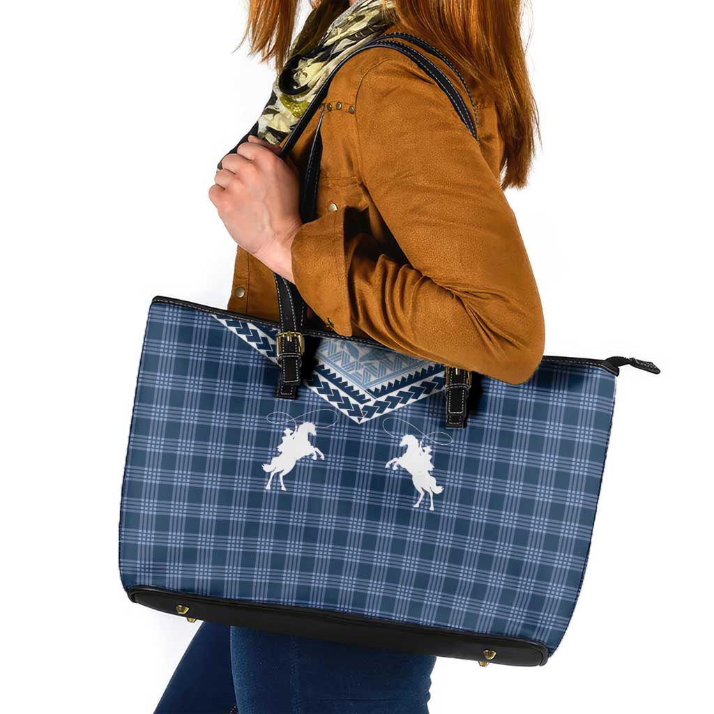 Aloha Hawaii Cowboys Paniolo Leather Tote Bag Navy Blue Palaka - Polynesian Pride