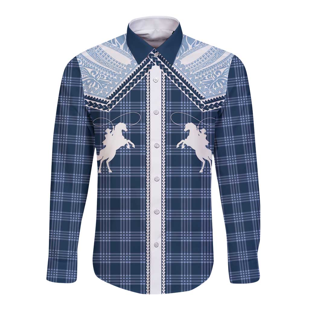 Aloha Hawaii Cowboys Paniolo Long Sleeve Button Shirt Navy Blue Palaka - Polynesian Pride