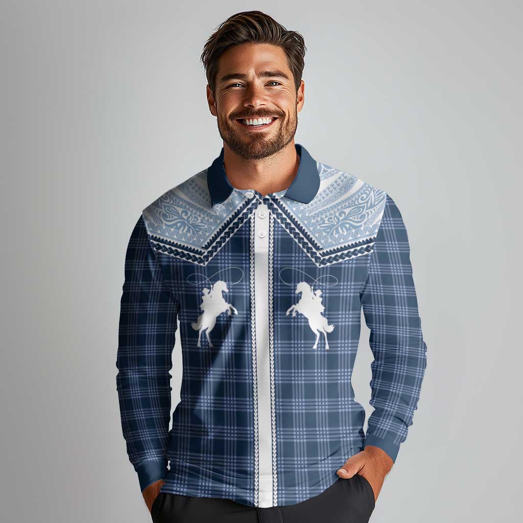 Aloha Hawaii Cowboys Paniolo Long Sleeve Polo Shirt Navy Blue Palaka - Polynesian Pride