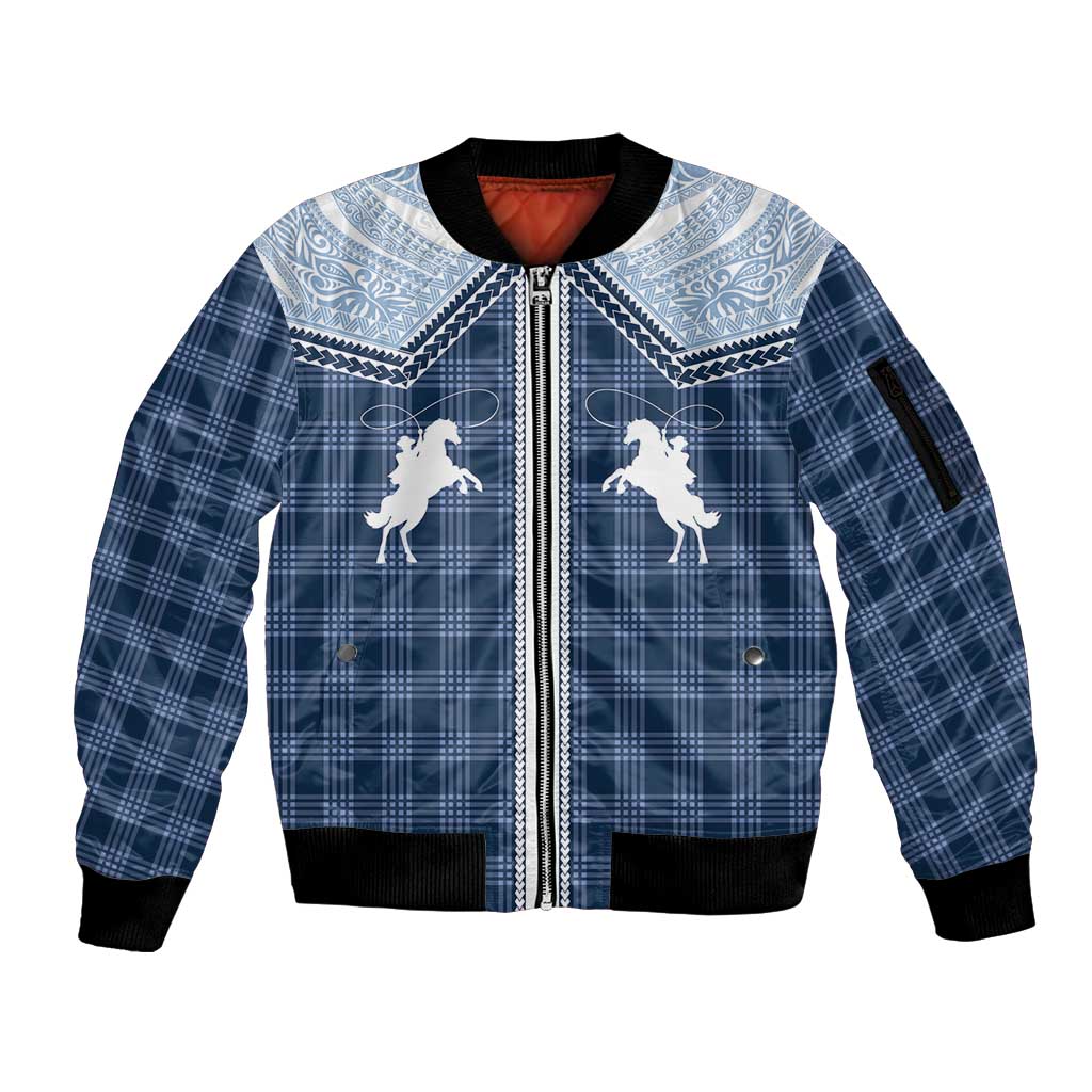 Aloha Hawaii Cowboys Paniolo Sleeve Zip Bomber Jacket Navy Blue Palaka - Polynesian Pride