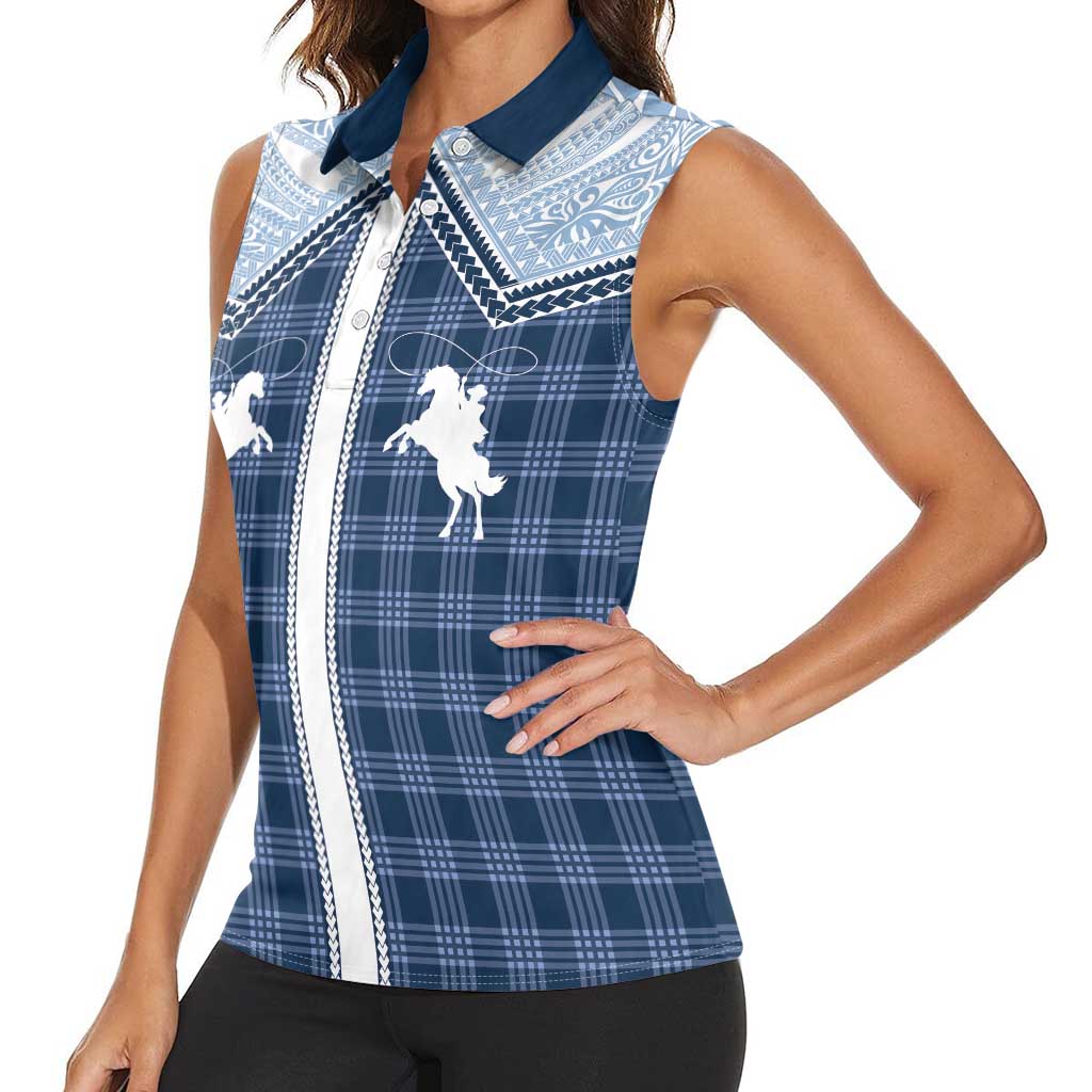 Aloha Hawaii Cowboys Paniolo Women Sleeveless Polo Shirt Navy Blue Palaka LT7 - Polynesian Pride