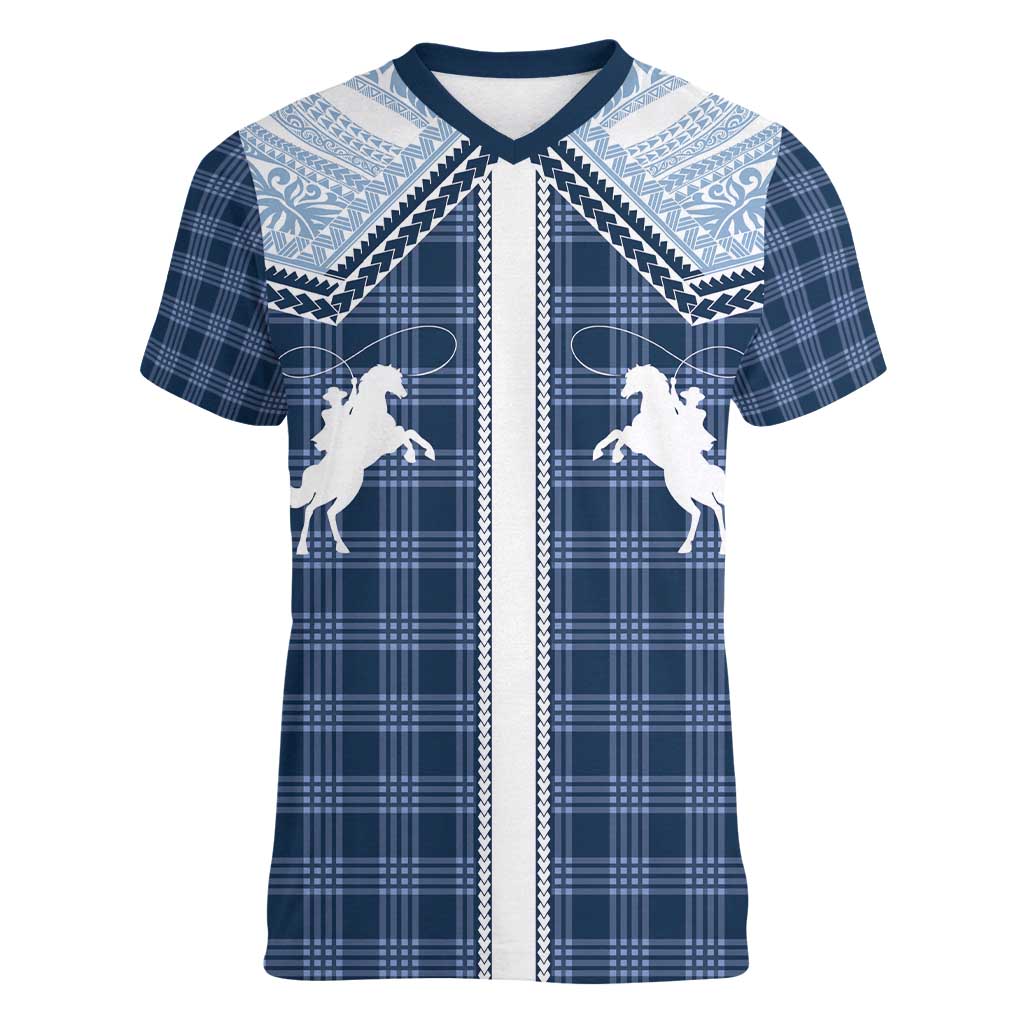 Aloha Hawaii Cowboys Paniolo Women V-Neck T-Shirt Navy Blue Palaka LT7 Female Navy - Polynesian Pride