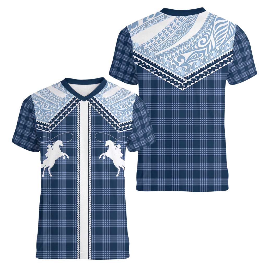 Aloha Hawaii Cowboys Paniolo Women V-Neck T-Shirt Navy Blue Palaka LT7 - Polynesian Pride
