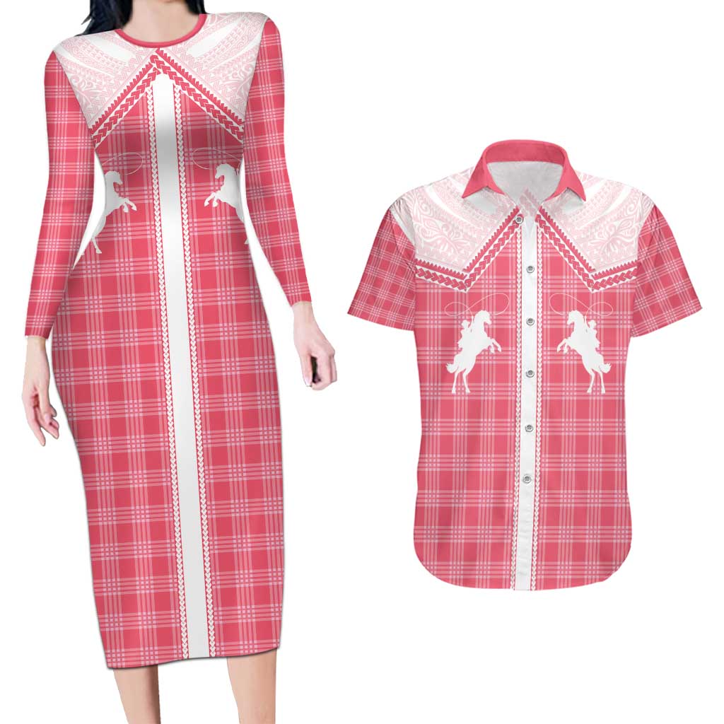 Aloha Hawaii Cowboys Paniolo Couples Matching Long Sleeve Bodycon Dress and Hawaiian Shirt Rose Palaka LT7 Pink - Polynesian Pride
