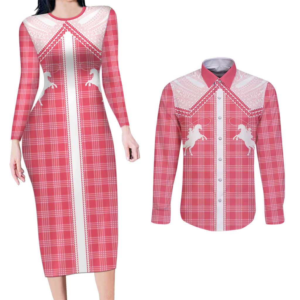 Aloha Hawaii Cowboys Paniolo Couples Matching Long Sleeve Bodycon Dress and Long Sleeve Button Shirt Rose Palaka LT7 Pink - Polynesian Pride