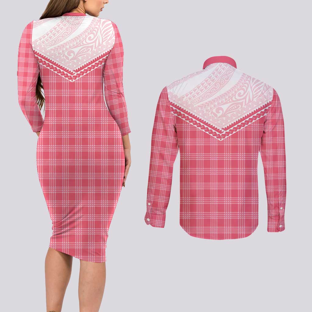 Aloha Hawaii Cowboys Paniolo Couples Matching Long Sleeve Bodycon Dress and Long Sleeve Button Shirt Rose Palaka LT7 - Polynesian Pride