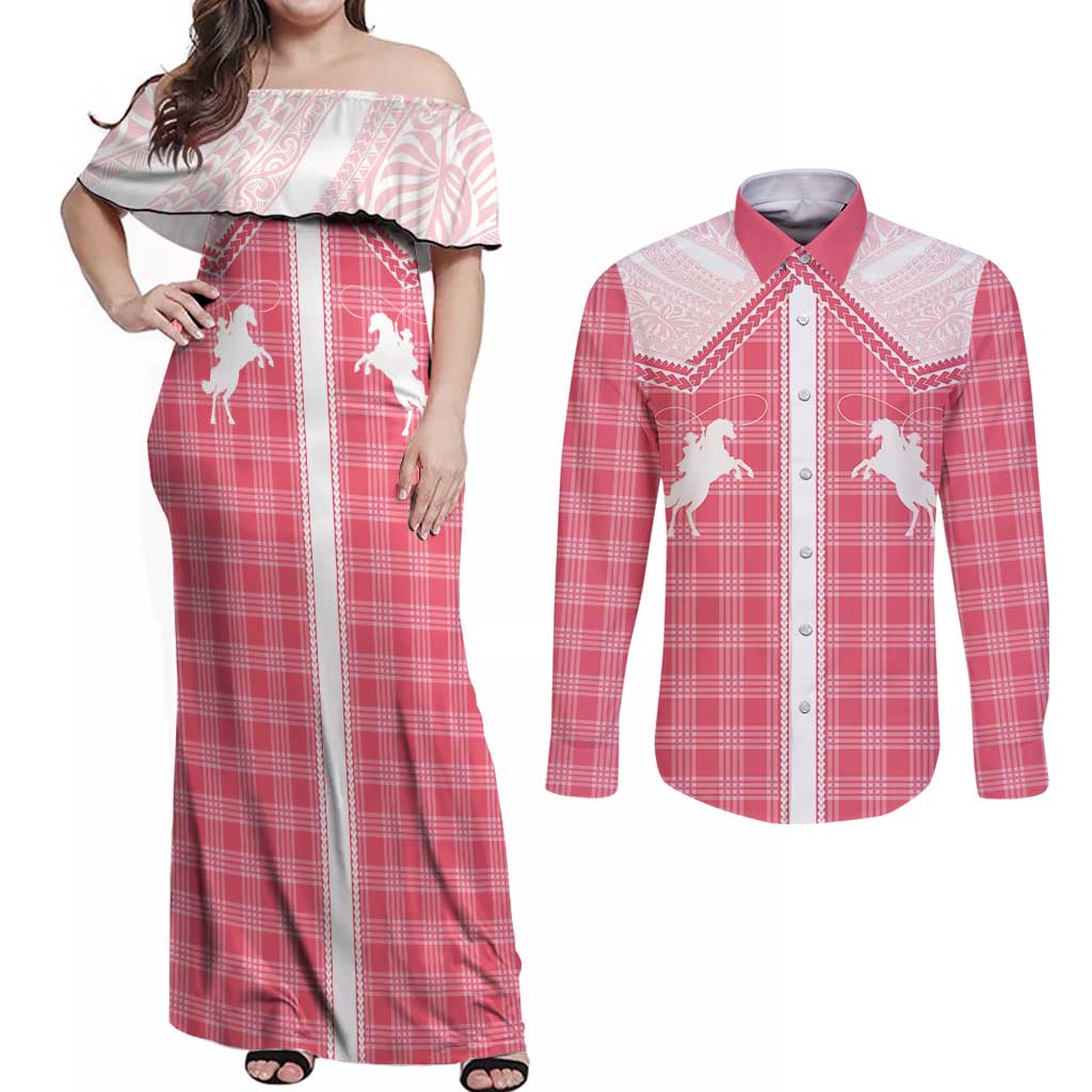 Aloha Hawaii Cowboys Paniolo Couples Matching Off Shoulder Maxi Dress and Long Sleeve Button Shirt Rose Palaka LT7 Pink - Polynesian Pride