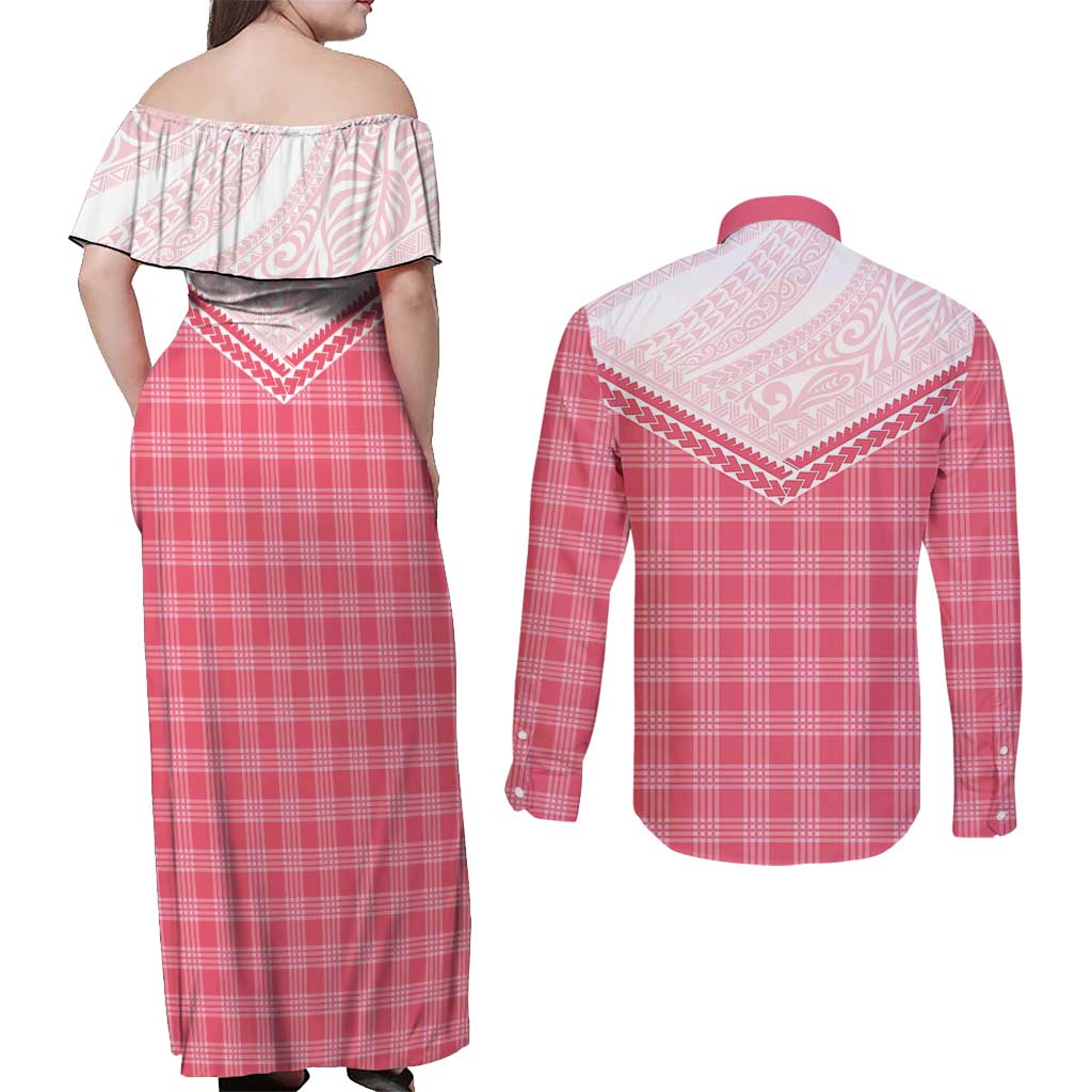 Aloha Hawaii Cowboys Paniolo Couples Matching Off Shoulder Maxi Dress and Long Sleeve Button Shirt Rose Palaka LT7 - Polynesian Pride