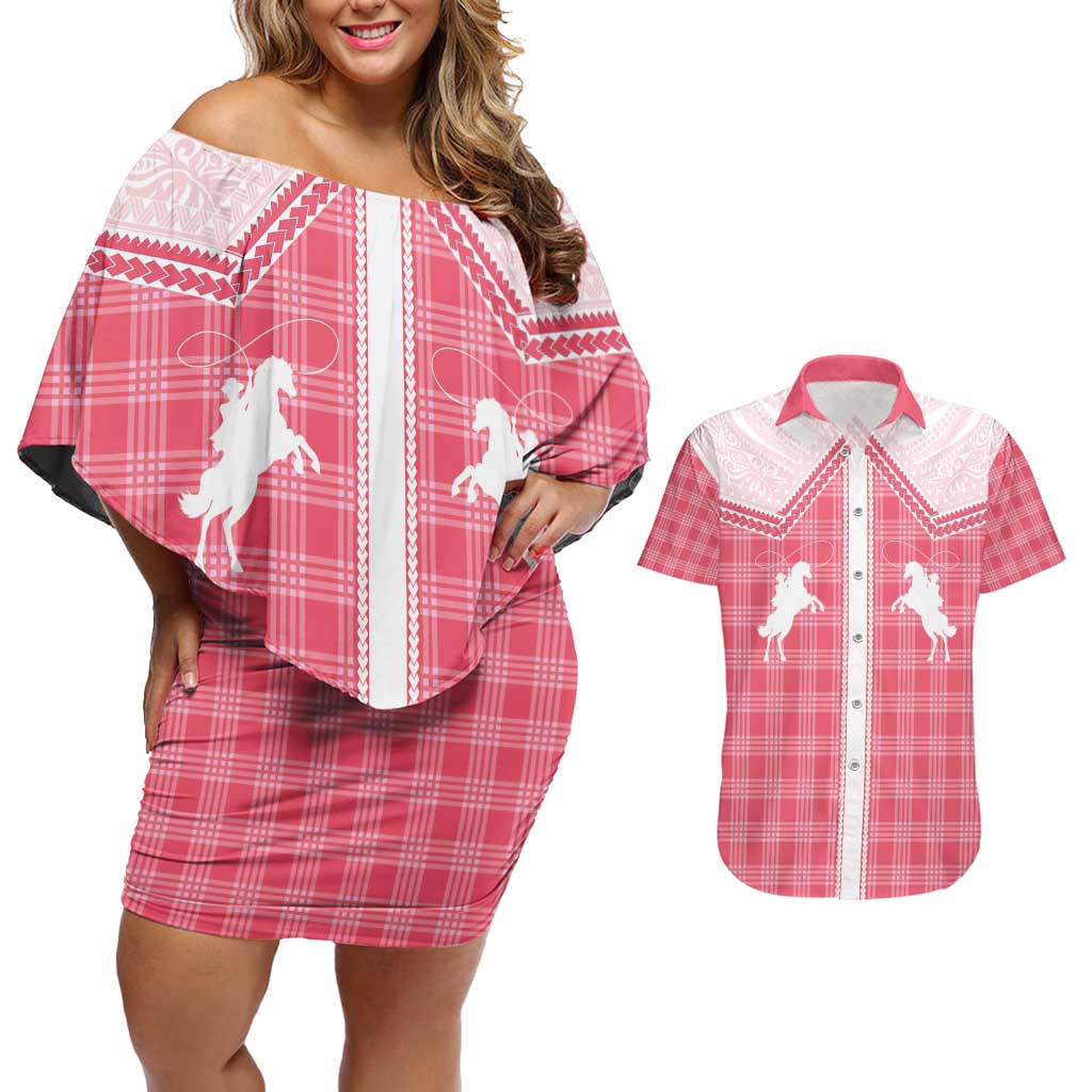 Aloha Hawaii Cowboys Paniolo Couples Matching Off Shoulder Short Dress and Hawaiian Shirt Rose Palaka LT7 Pink - Polynesian Pride