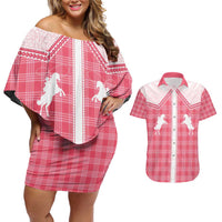 Aloha Hawaii Cowboys Paniolo Couples Matching Off Shoulder Short Dress and Hawaiian Shirt Rose Palaka LT7 Pink - Polynesian Pride
