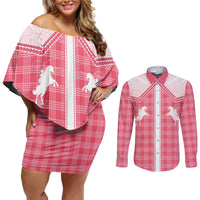 Aloha Hawaii Cowboys Paniolo Couples Matching Off Shoulder Short Dress and Long Sleeve Button Shirt Rose Palaka LT7 Pink - Polynesian Pride