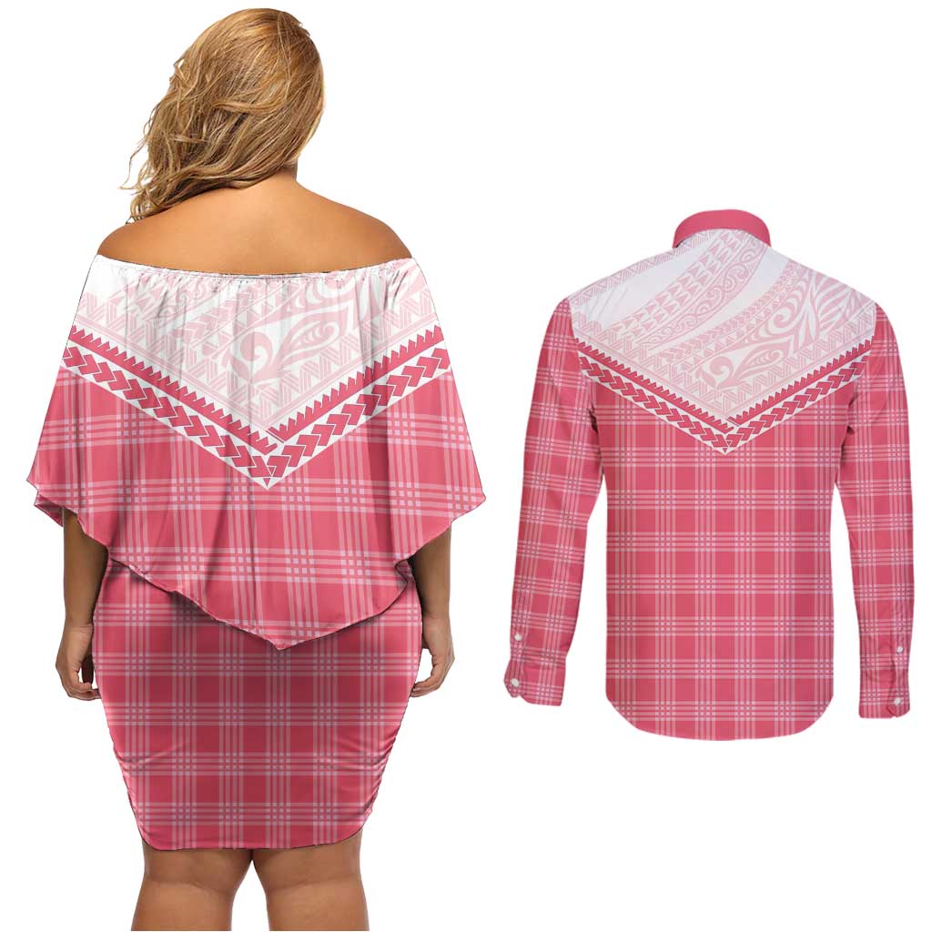 Aloha Hawaii Cowboys Paniolo Couples Matching Off Shoulder Short Dress and Long Sleeve Button Shirt Rose Palaka LT7 - Polynesian Pride