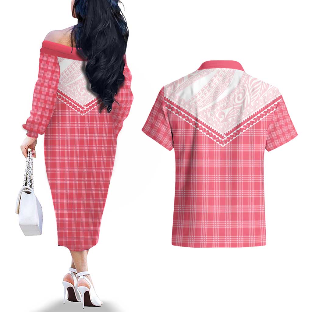 Aloha Hawaii Cowboys Paniolo Couples Matching Off The Shoulder Long Sleeve Dress and Hawaiian Shirt Rose Palaka LT7 - Polynesian Pride