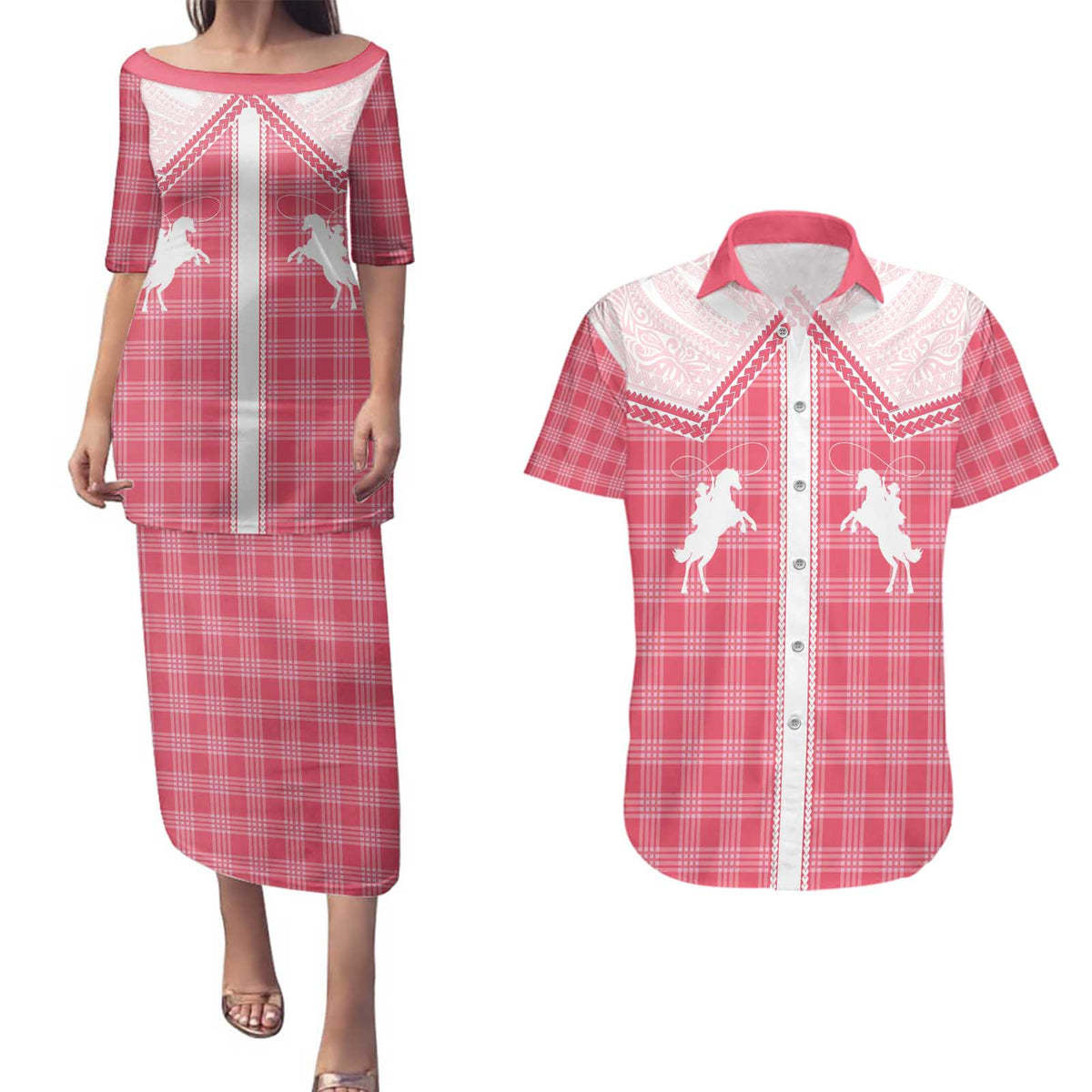 Aloha Hawaii Cowboys Paniolo Couples Matching Puletasi and Hawaiian Shirt Rose Palaka LT7 Pink - Polynesian Pride