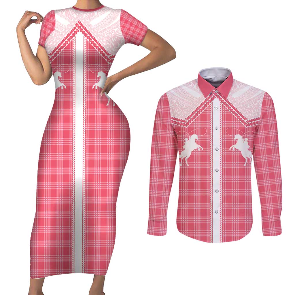 Aloha Hawaii Cowboys Paniolo Couples Matching Short Sleeve Bodycon Dress and Long Sleeve Button Shirt Rose Palaka LT7 Pink - Polynesian Pride