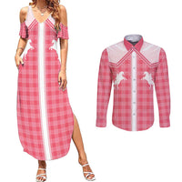 Aloha Hawaii Cowboys Paniolo Couples Matching Summer Maxi Dress and Long Sleeve Button Shirt Rose Palaka LT7 Pink - Polynesian Pride