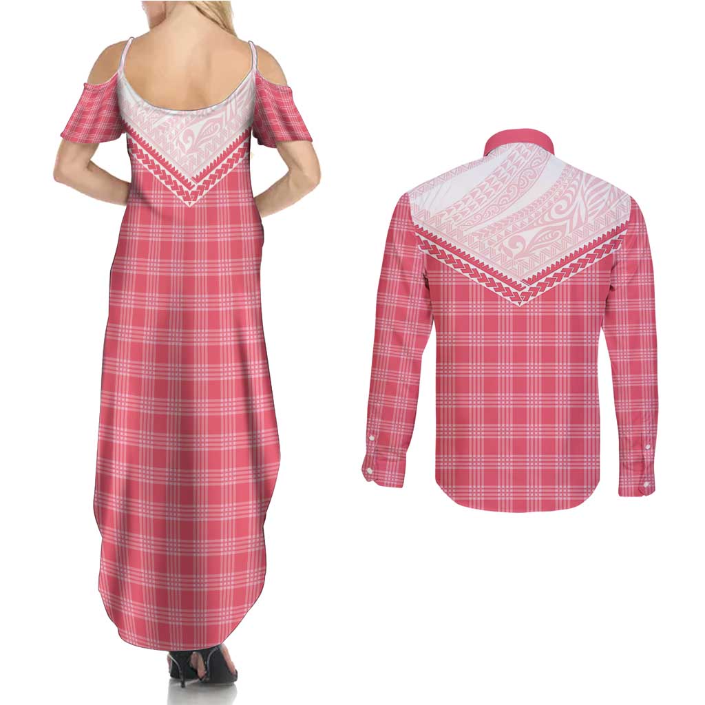 Aloha Hawaii Cowboys Paniolo Couples Matching Summer Maxi Dress and Long Sleeve Button Shirt Rose Palaka LT7 - Polynesian Pride