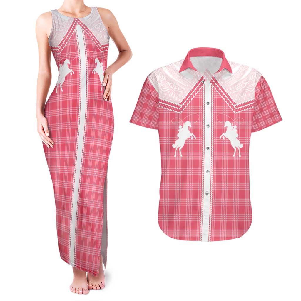 Aloha Hawaii Cowboys Paniolo Couples Matching Tank Maxi Dress and Hawaiian Shirt Rose Palaka LT7 Pink - Polynesian Pride