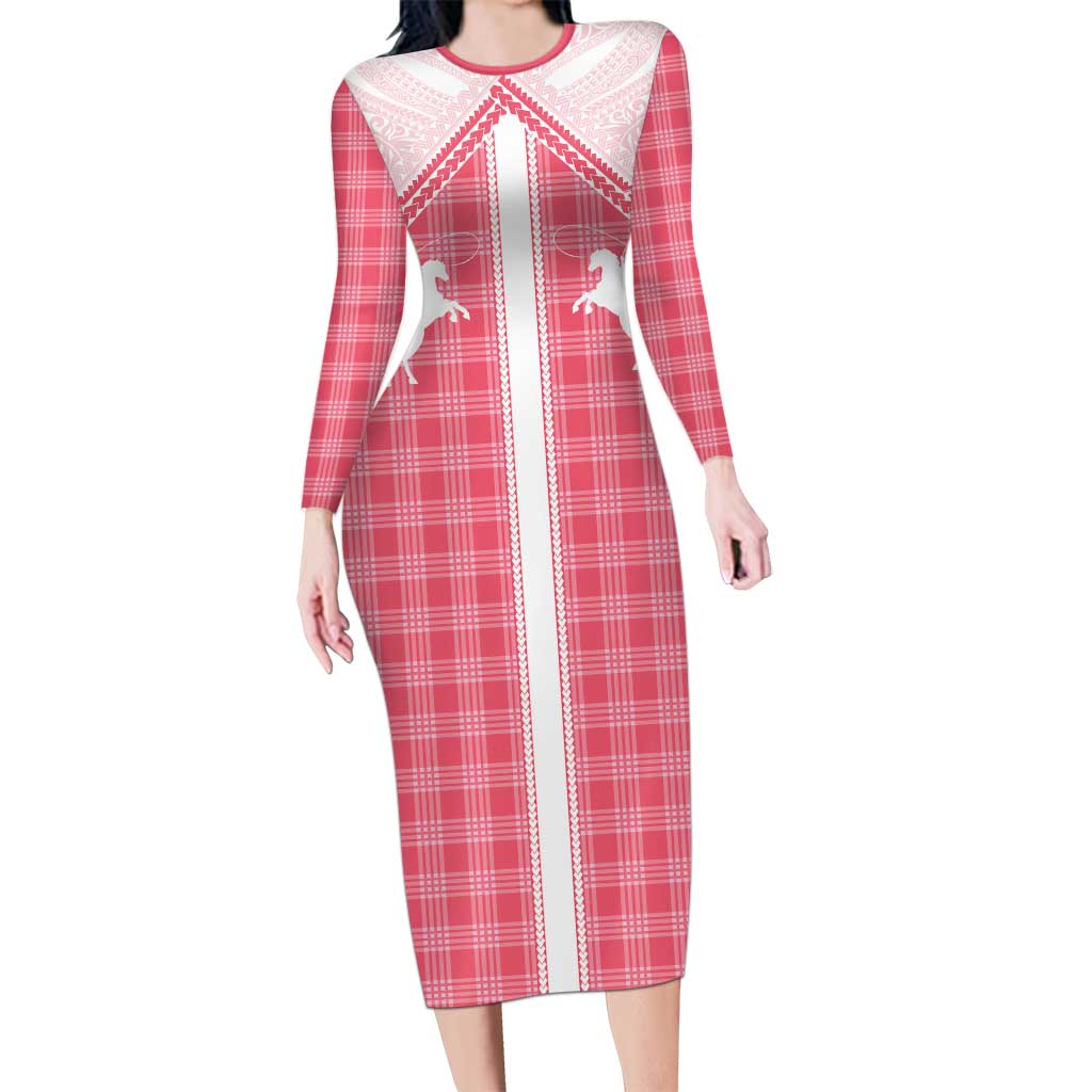 Aloha Hawaii Cowboys Paniolo Family Matching Long Sleeve Bodycon Dress and Hawaiian Shirt Rose Palaka LT7 Mom's Dress Pink - Polynesian Pride