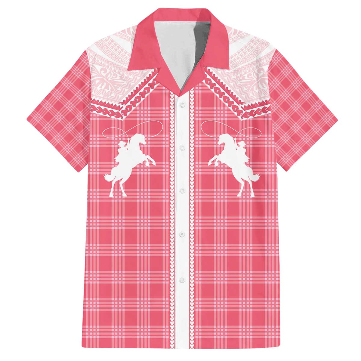 Aloha Hawaii Cowboys Paniolo Family Matching Off The Shoulder Long Sleeve Dress and Hawaiian Shirt Rose Palaka LT7 Dad's Shirt - Short Sleeve Pink - Polynesian Pride