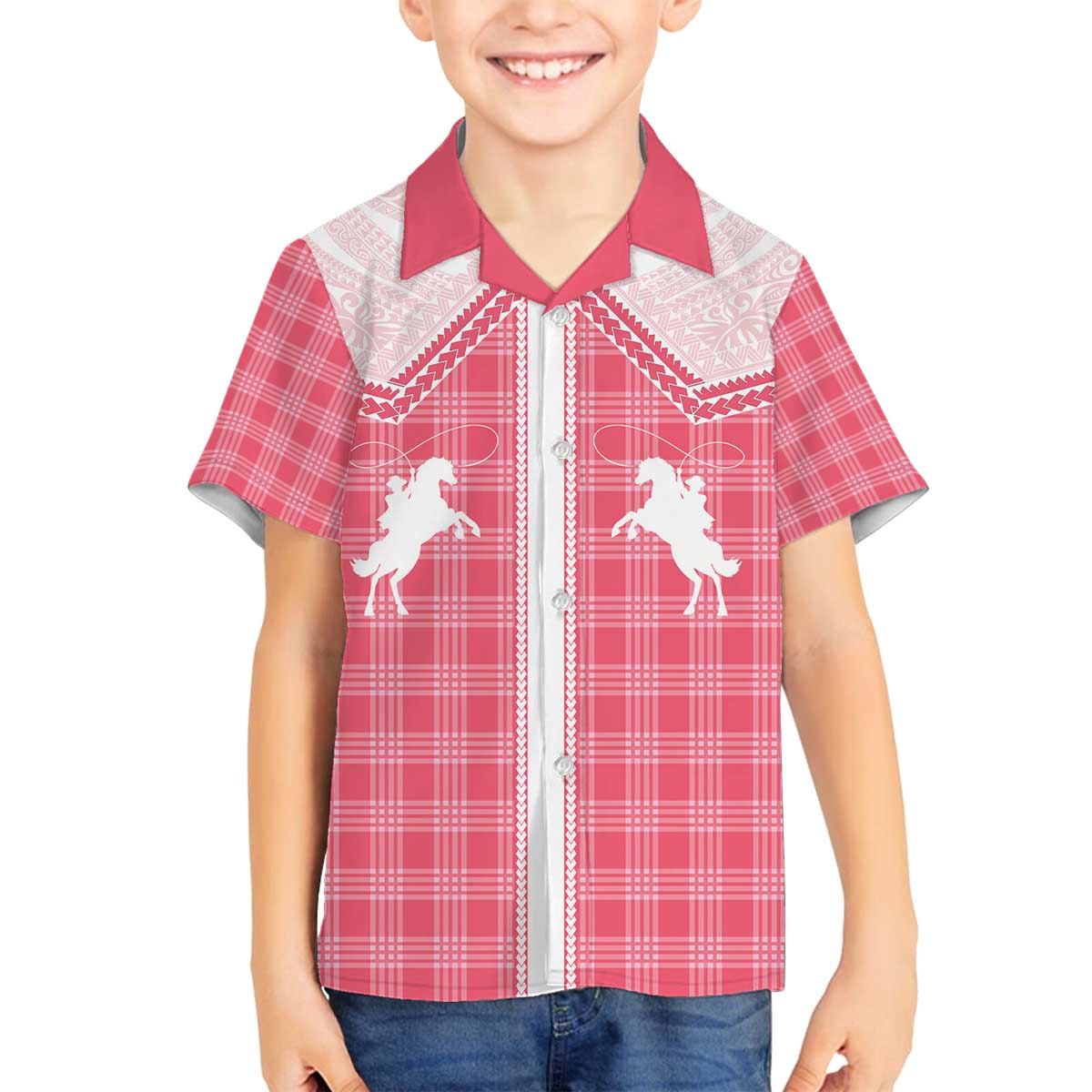 Aloha Hawaii Cowboys Paniolo Family Matching Off The Shoulder Long Sleeve Dress and Hawaiian Shirt Rose Palaka LT7 Son's Shirt Pink - Polynesian Pride