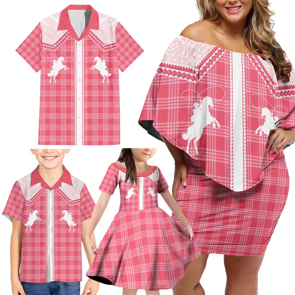 Aloha Hawaii Cowboys Paniolo Family Matching Off Shoulder Short Dress and Hawaiian Shirt Rose Palaka LT7 - Polynesian Pride