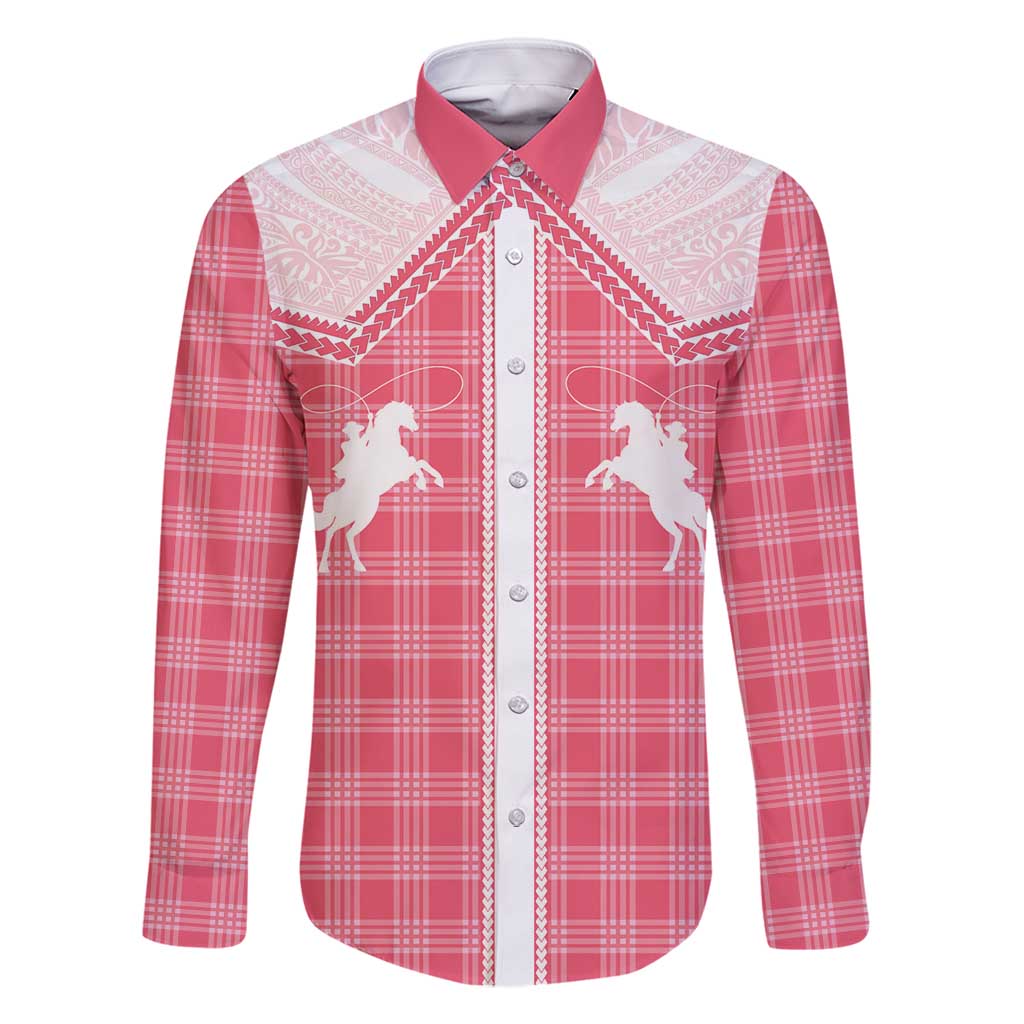 Aloha Hawaii Cowboys Paniolo Family Matching Off Shoulder Short Dress and Hawaiian Shirt Rose Palaka LT7 Dad's Shirt - Long Sleeve Pink - Polynesian Pride