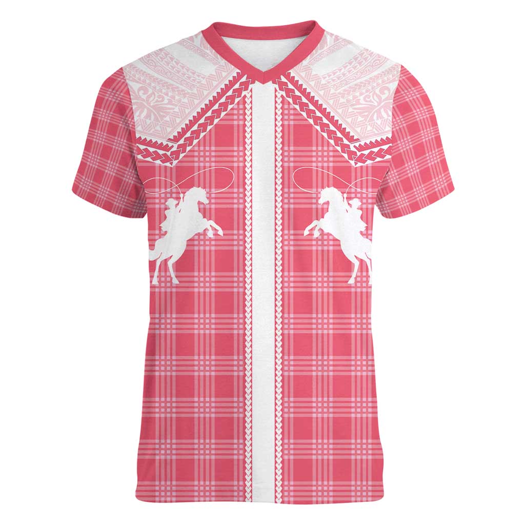 Aloha Hawaii Cowboys Paniolo Women V-Neck T-Shirt Rose Palaka LT7 Female Pink - Polynesian Pride