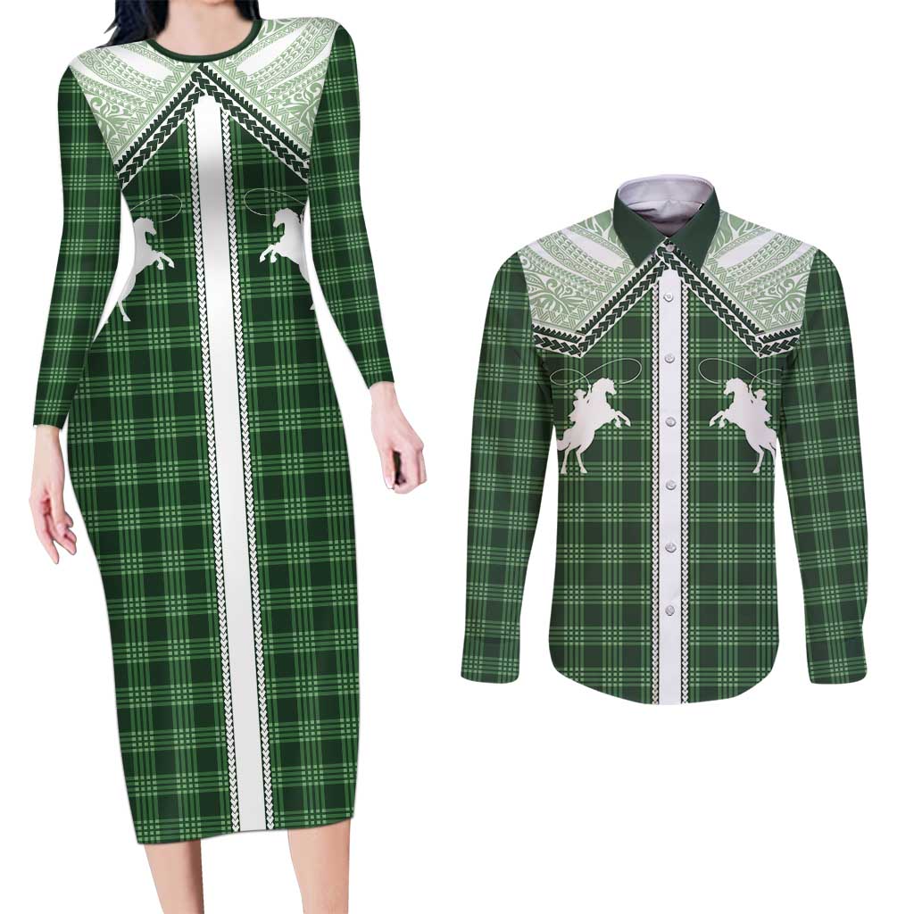 Aloha Hawaii Cowboys Paniolo Couples Matching Long Sleeve Bodycon Dress and Long Sleeve Button Shirt Forest Green Palaka LT7 Dark Green - Polynesian Pride