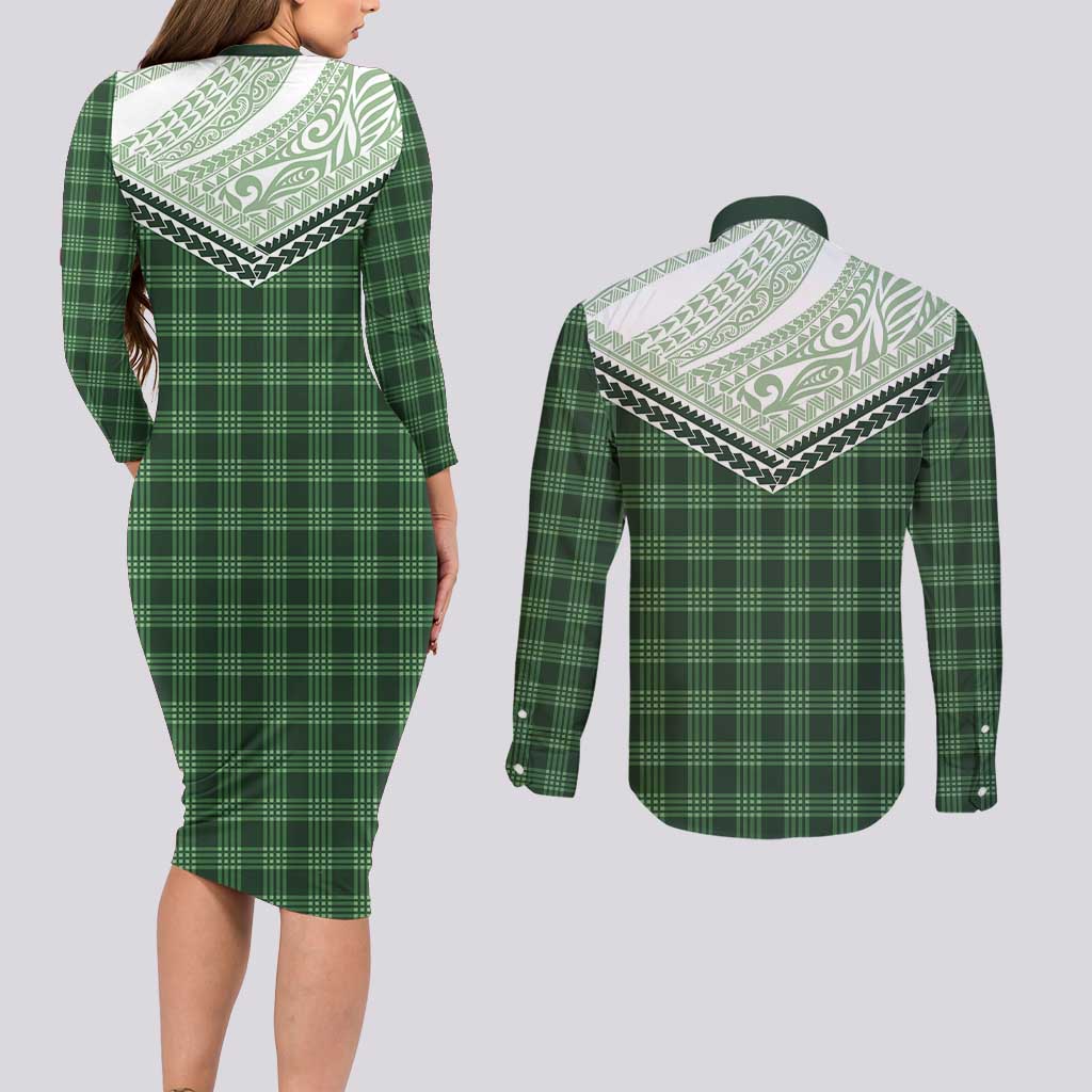 Aloha Hawaii Cowboys Paniolo Couples Matching Long Sleeve Bodycon Dress and Long Sleeve Button Shirt Forest Green Palaka LT7 - Polynesian Pride
