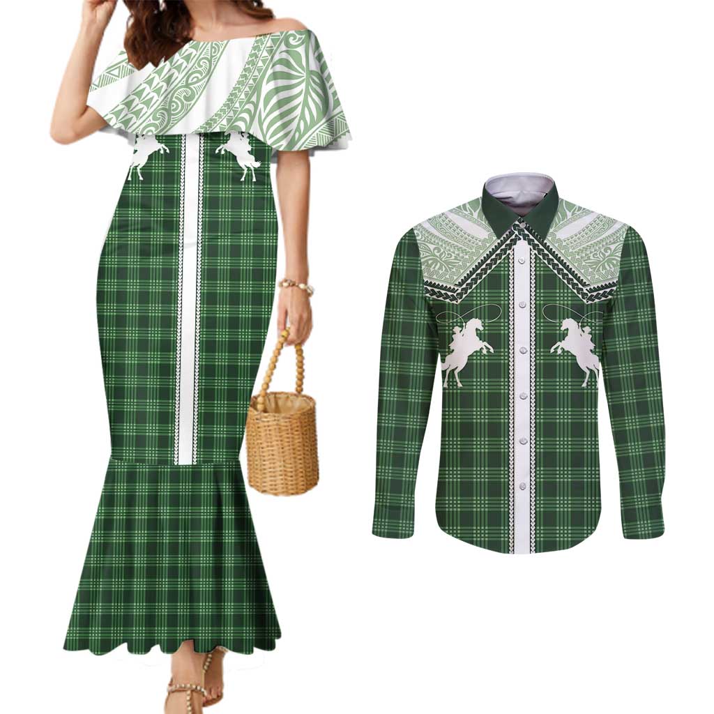 Aloha Hawaii Cowboys Paniolo Couples Matching Mermaid Dress and Long Sleeve Button Shirt Forest Green Palaka LT7 Dark Green - Polynesian Pride