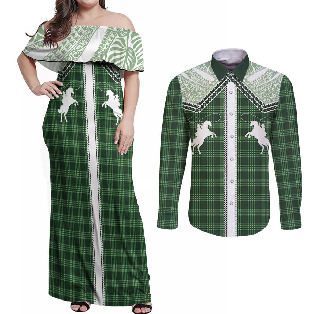 Aloha Hawaii Cowboys Paniolo Couples Matching Off Shoulder Maxi Dress and Long Sleeve Button Shirt Forest Green Palaka LT7 Dark Green - Polynesian Pride
