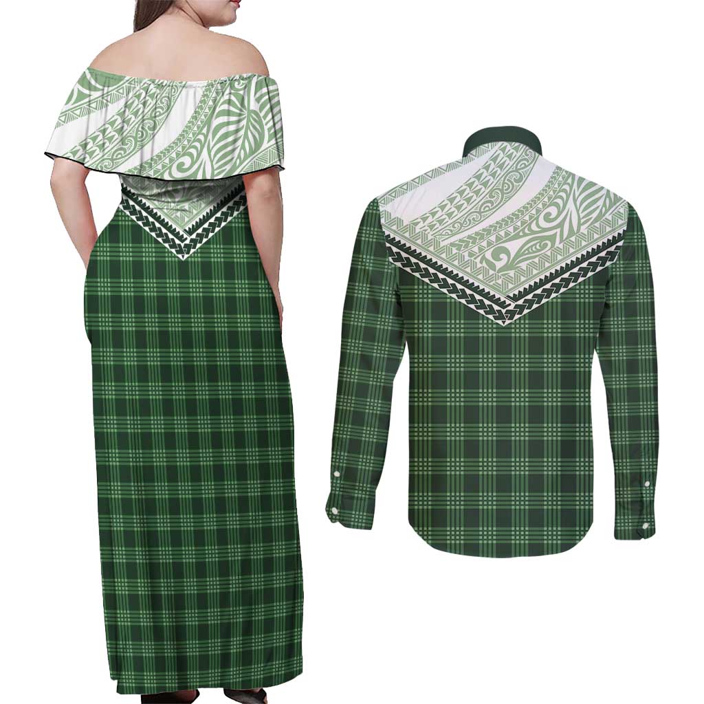 Aloha Hawaii Cowboys Paniolo Couples Matching Off Shoulder Maxi Dress and Long Sleeve Button Shirt Forest Green Palaka LT7 - Polynesian Pride
