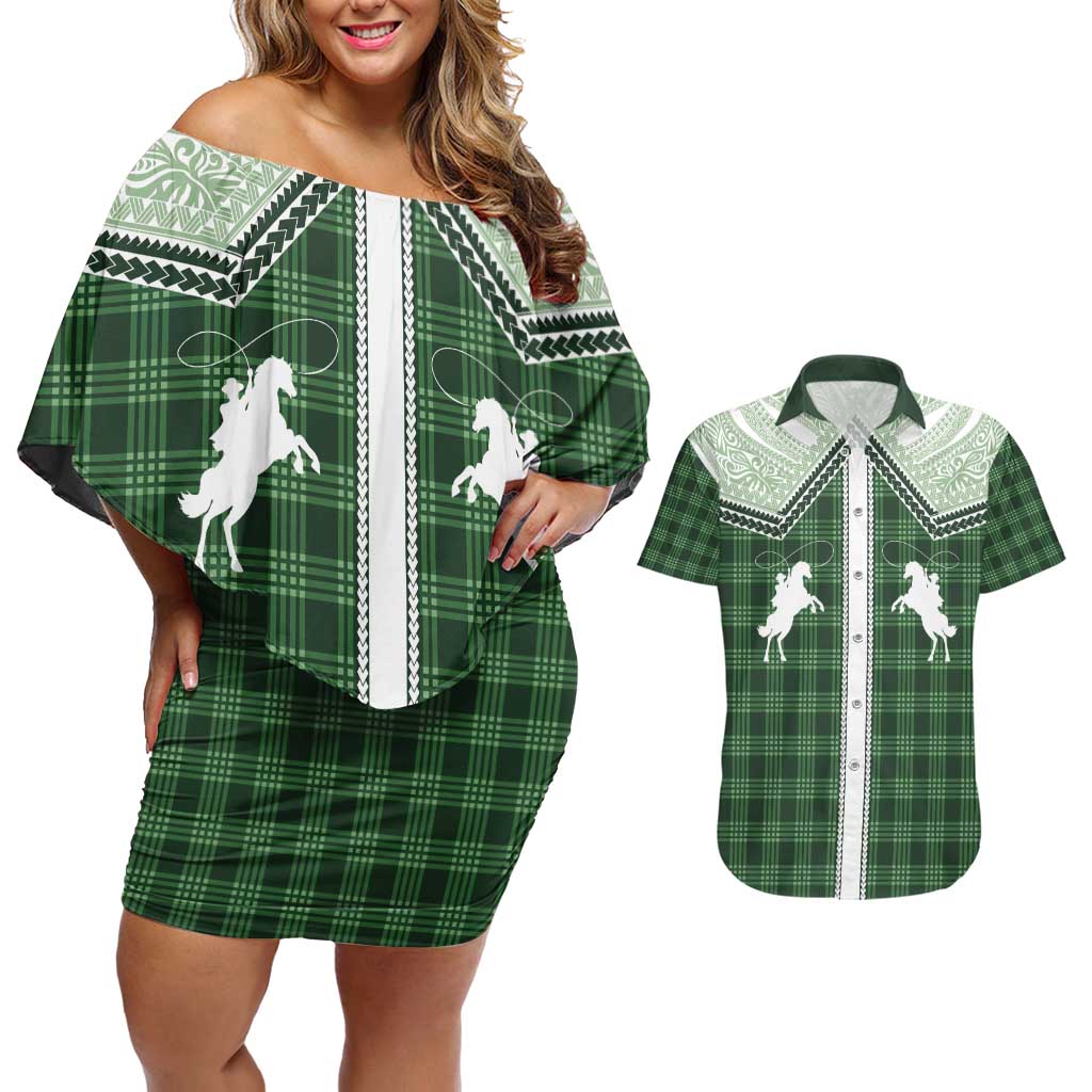 Aloha Hawaii Cowboys Paniolo Couples Matching Off Shoulder Short Dress and Hawaiian Shirt Forest Green Palaka LT7 Dark Green - Polynesian Pride