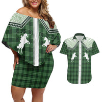 Aloha Hawaii Cowboys Paniolo Couples Matching Off Shoulder Short Dress and Hawaiian Shirt Forest Green Palaka LT7 Dark Green - Polynesian Pride