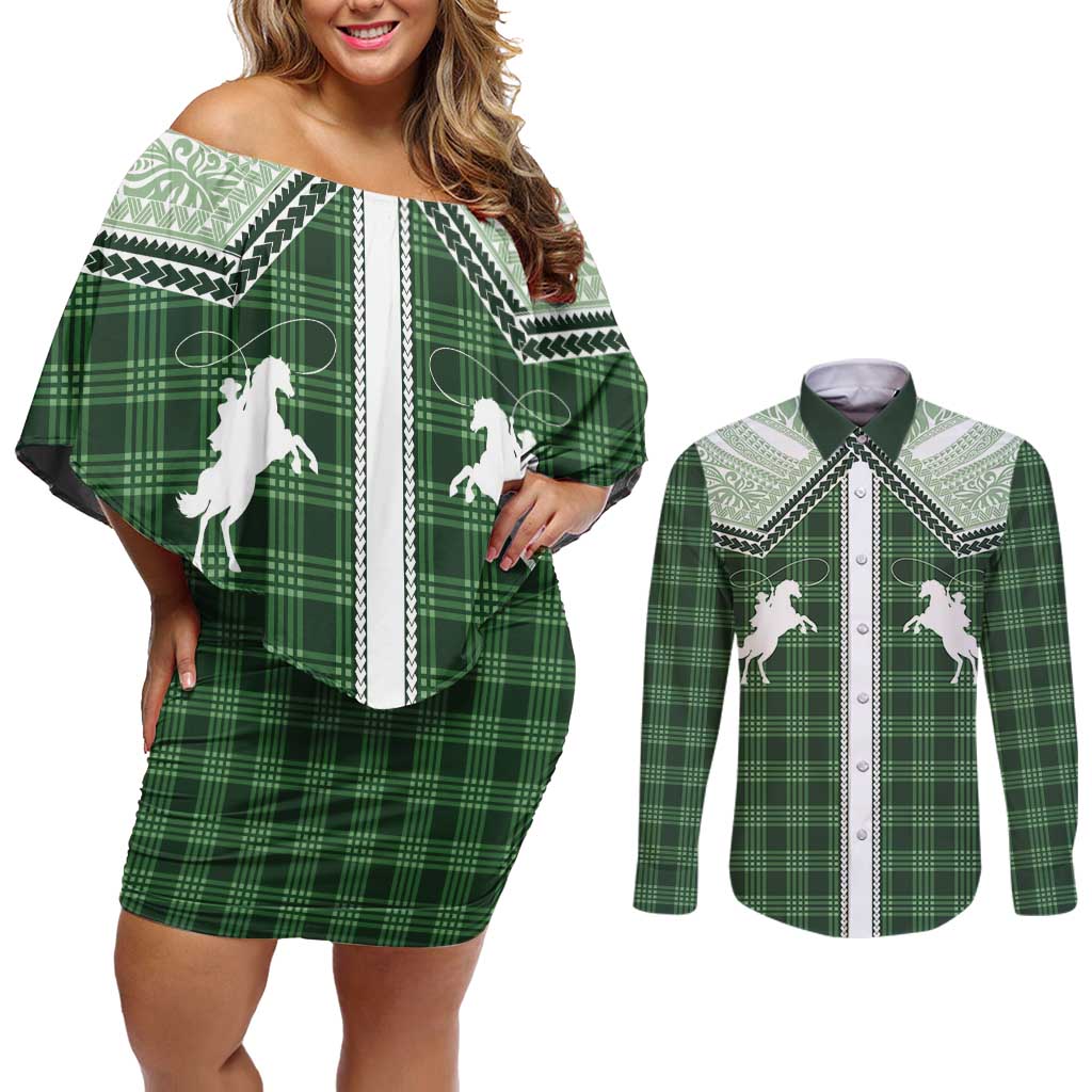 Aloha Hawaii Cowboys Paniolo Couples Matching Off Shoulder Short Dress and Long Sleeve Button Shirt Forest Green Palaka LT7 Dark Green - Polynesian Pride