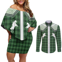 Aloha Hawaii Cowboys Paniolo Couples Matching Off Shoulder Short Dress and Long Sleeve Button Shirt Forest Green Palaka LT7 Dark Green - Polynesian Pride