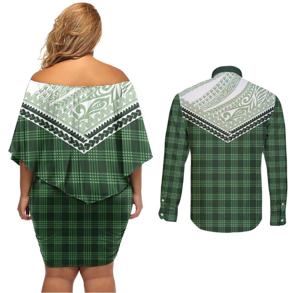 Aloha Hawaii Cowboys Paniolo Couples Matching Off Shoulder Short Dress and Long Sleeve Button Shirt Forest Green Palaka LT7 - Polynesian Pride