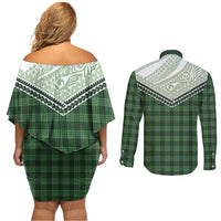 Aloha Hawaii Cowboys Paniolo Couples Matching Off Shoulder Short Dress and Long Sleeve Button Shirt Forest Green Palaka LT7 - Polynesian Pride