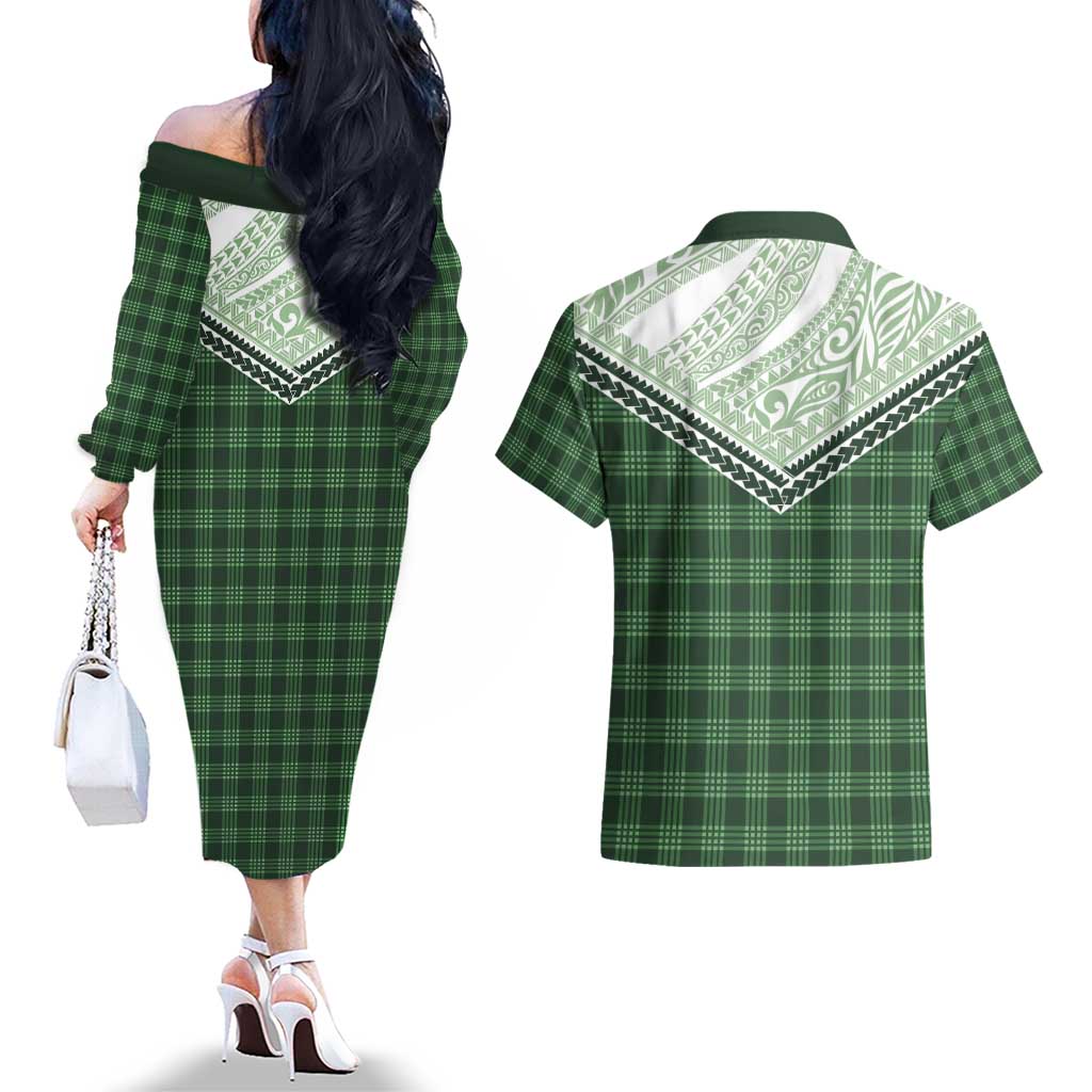 Aloha Hawaii Cowboys Paniolo Couples Matching Off The Shoulder Long Sleeve Dress and Hawaiian Shirt Forest Green Palaka LT7 - Polynesian Pride