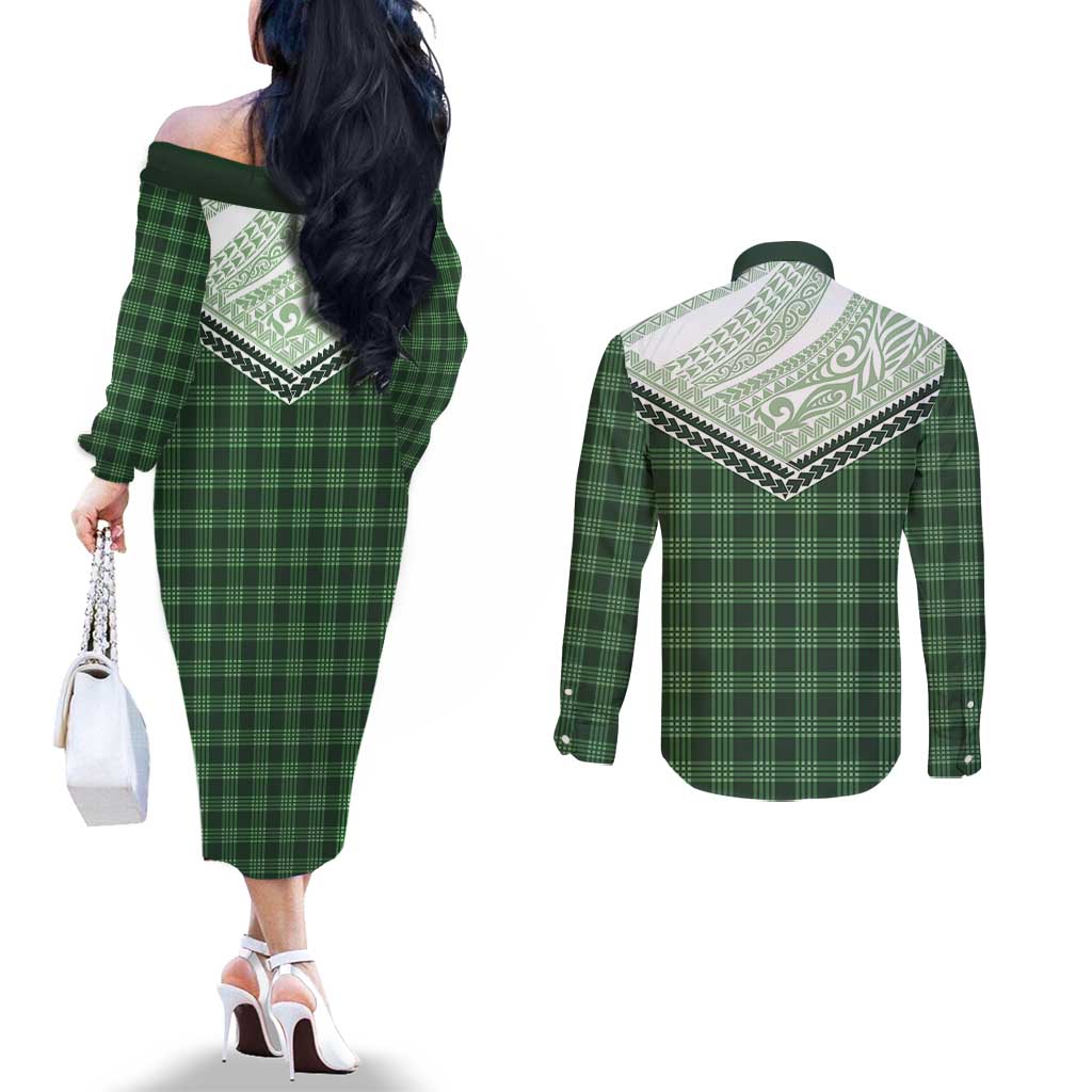 Aloha Hawaii Cowboys Paniolo Couples Matching Off The Shoulder Long Sleeve Dress and Long Sleeve Button Shirt Forest Green Palaka LT7 - Polynesian Pride