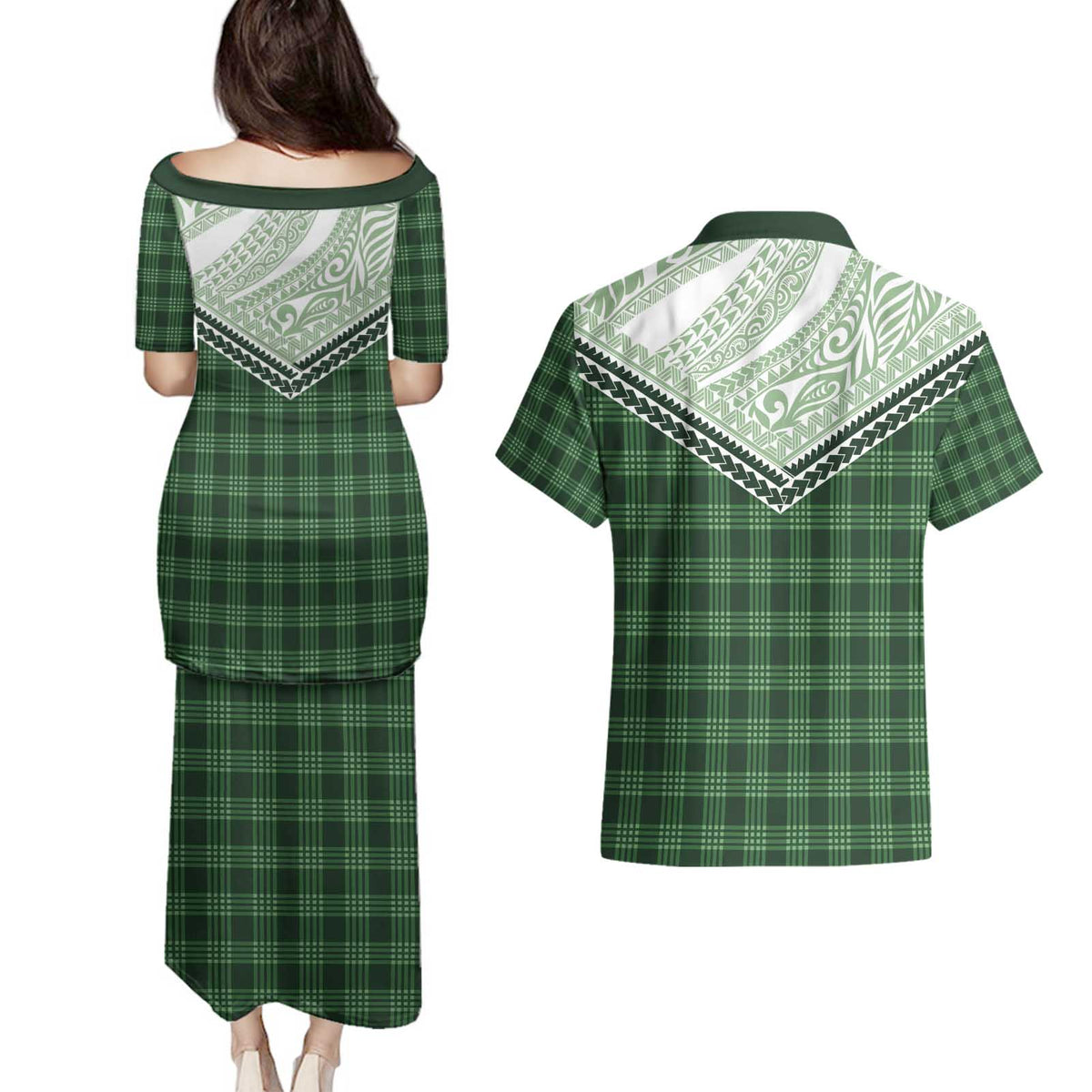 Aloha Hawaii Cowboys Paniolo Couples Matching Puletasi and Hawaiian Shirt Forest Green Palaka LT7 - Polynesian Pride