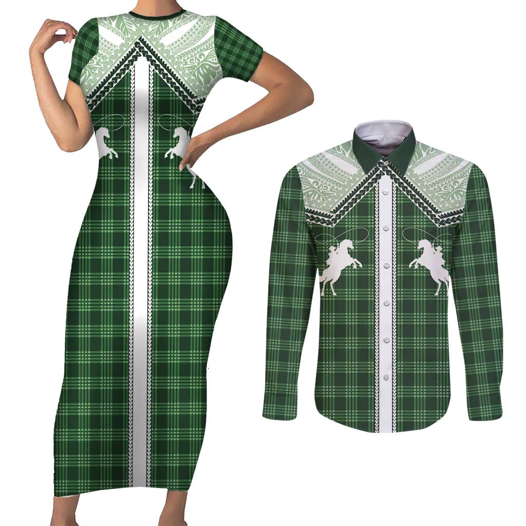 Aloha Hawaii Cowboys Paniolo Couples Matching Short Sleeve Bodycon Dress and Long Sleeve Button Shirt Forest Green Palaka LT7 Dark Green - Polynesian Pride