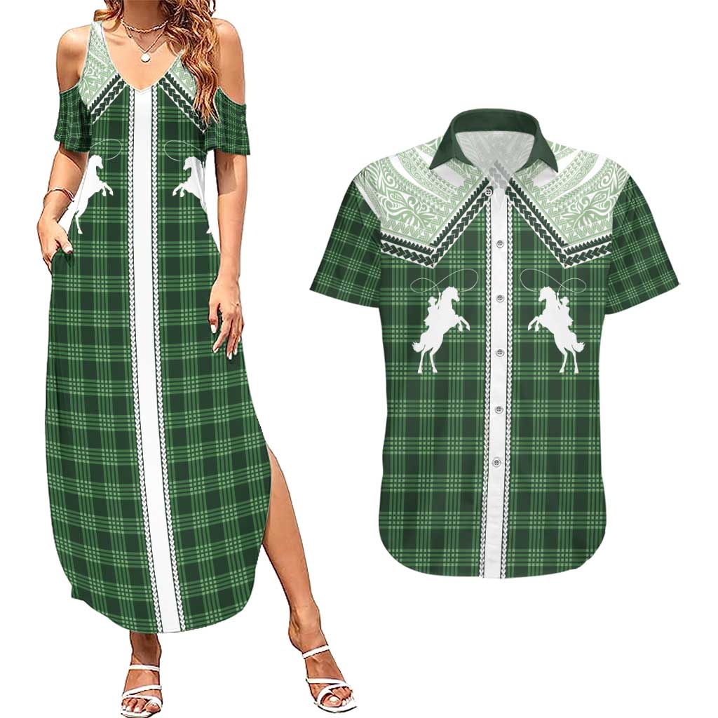 Aloha Hawaii Cowboys Paniolo Couples Matching Summer Maxi Dress and Hawaiian Shirt Forest Green Palaka LT7 Dark Green - Polynesian Pride