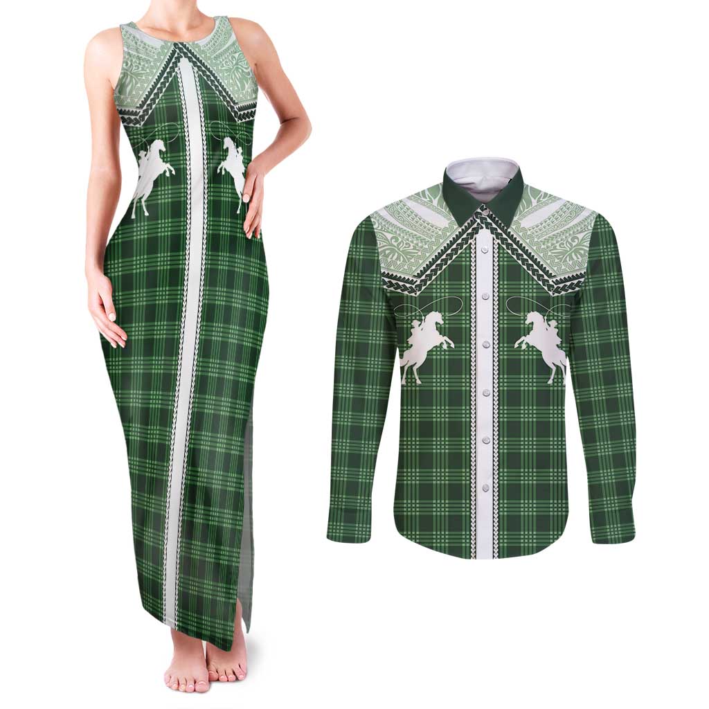 Aloha Hawaii Cowboys Paniolo Couples Matching Tank Maxi Dress and Long Sleeve Button Shirt Forest Green Palaka LT7 Dark Green - Polynesian Pride