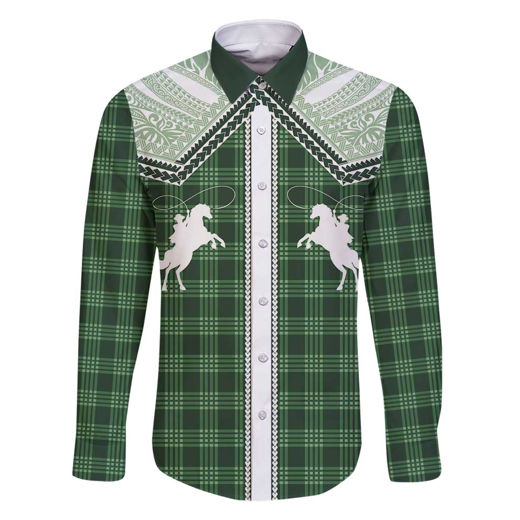Aloha Hawaii Cowboys Paniolo Family Matching Long Sleeve Bodycon Dress and Hawaiian Shirt Forest Green Palaka LT7 Dad's Shirt - Long Sleeve Dark Green - Polynesian Pride