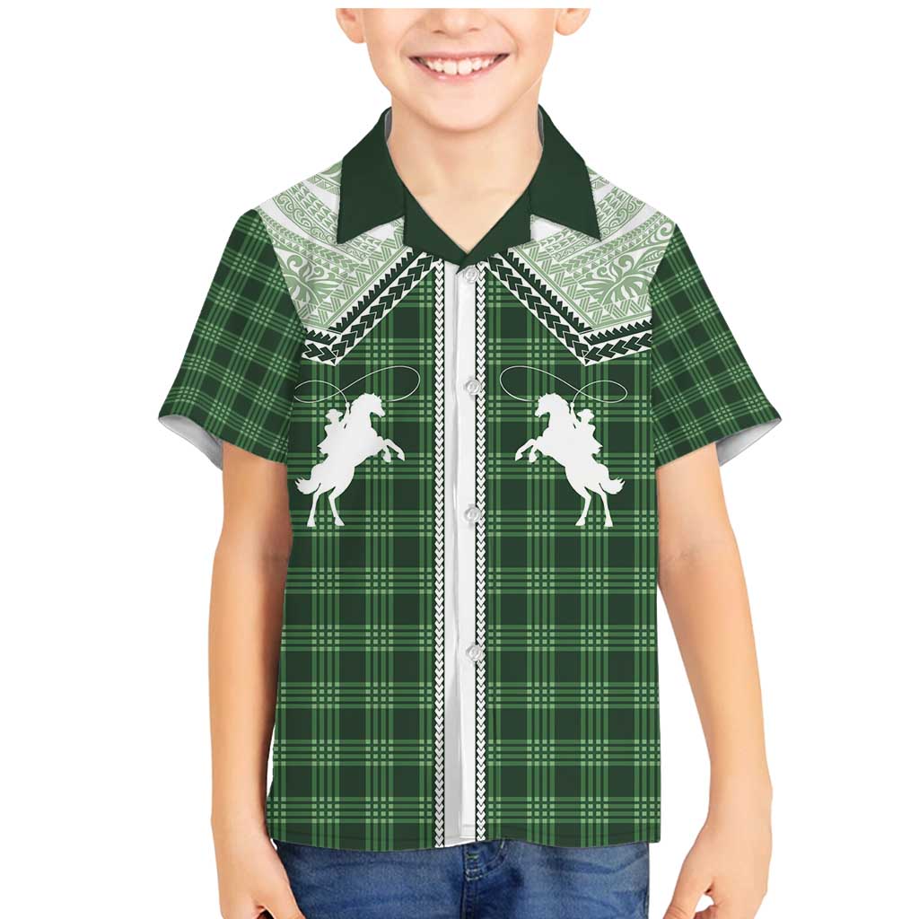 Aloha Hawaii Cowboys Paniolo Family Matching Mermaid Dress and Hawaiian Shirt Forest Green Palaka LT7 Son's Shirt Dark Green - Polynesian Pride