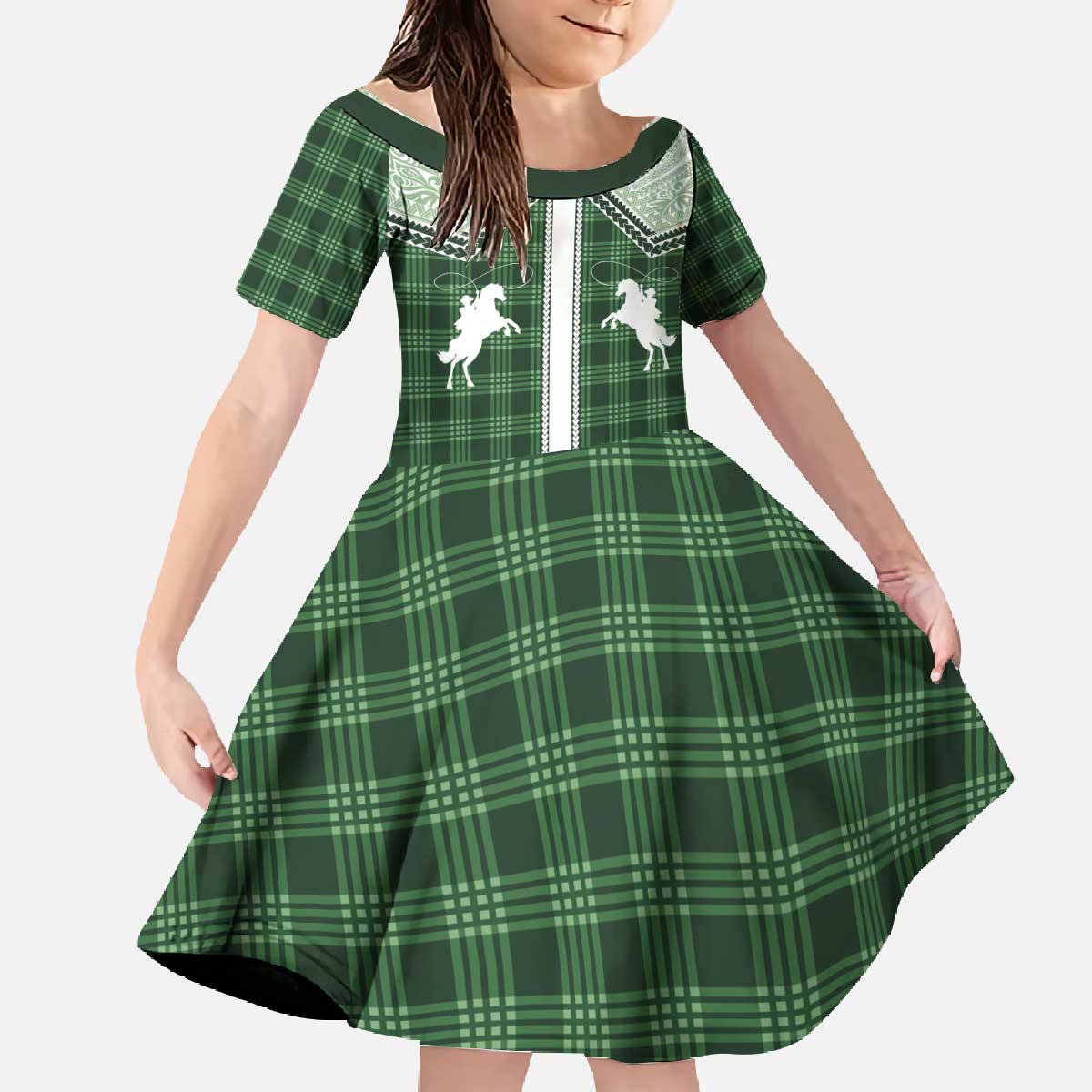 Aloha Hawaii Cowboys Paniolo Family Matching Off The Shoulder Long Sleeve Dress and Hawaiian Shirt Forest Green Palaka LT7 Daughter's Dress Dark Green - Polynesian Pride