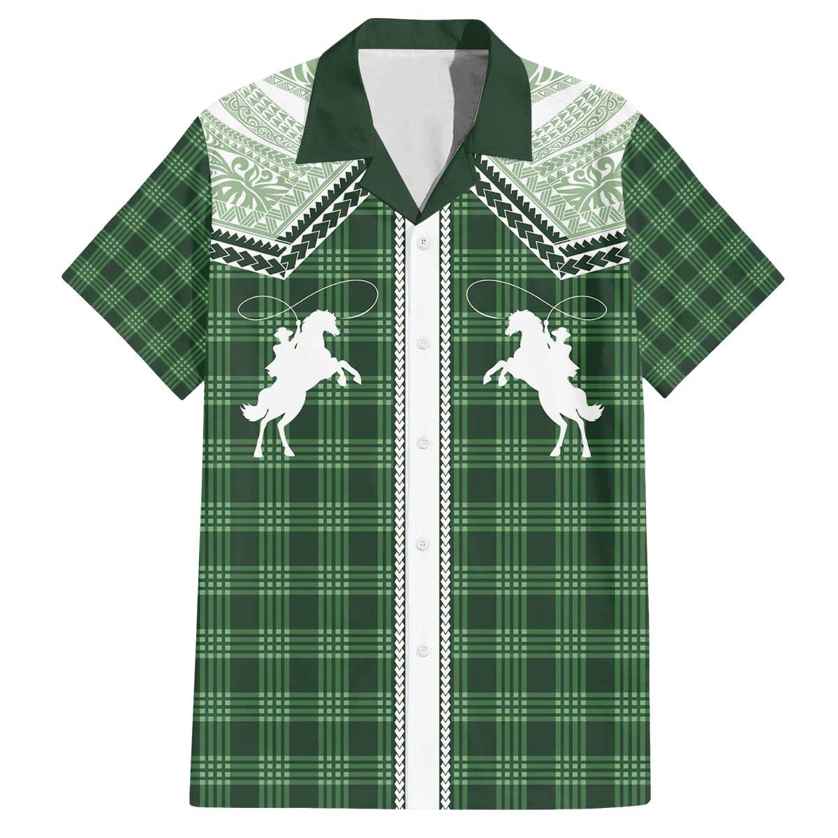 Aloha Hawaii Cowboys Paniolo Family Matching Off The Shoulder Long Sleeve Dress and Hawaiian Shirt Forest Green Palaka LT7 Dad's Shirt - Short Sleeve Dark Green - Polynesian Pride